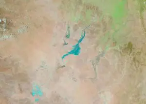 Flood Water approaching Birdsville (centre) with Lake Eyre bottom left