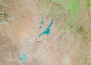 Flood Water approaching Birdsville (centre) with Lake Eyre bottom left
