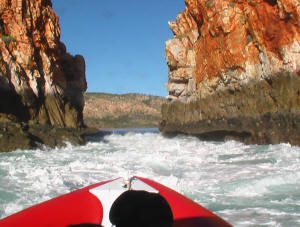 Jet boat in falls on Horizontal Water Falls Kimberley Tours Flights